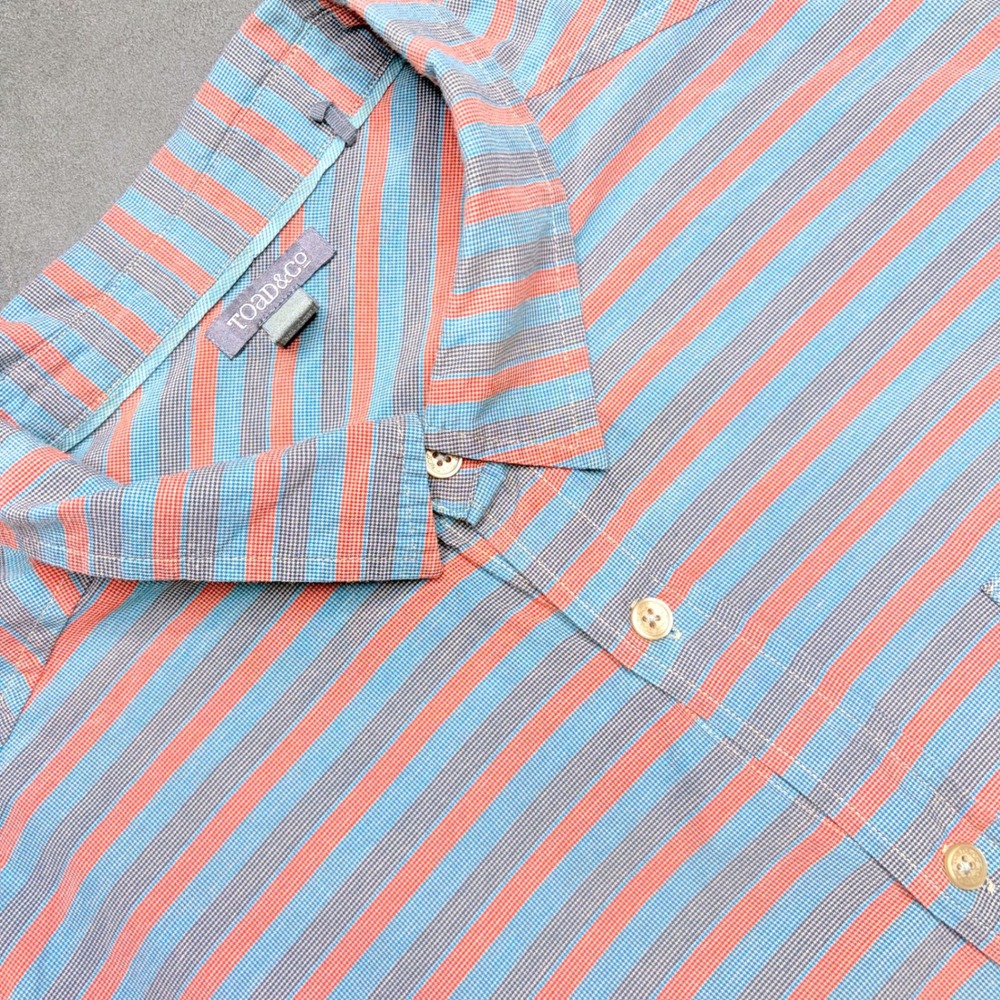 Toad&Co Wonderer Shirt Mens Sz L Striped Organic Cotton Short Sleeve Button Camp